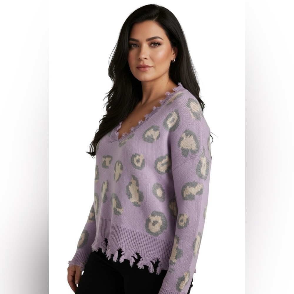 Miracle Lavender Animal print V-Neck Long Sleeve Sweater - Picture 7 of 7